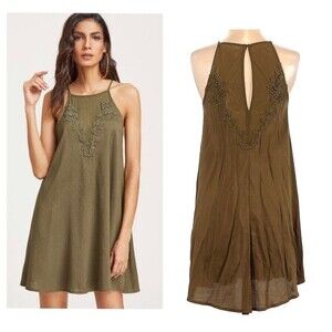 Lush army green deep sheer lace lined vneck front and back dress size small